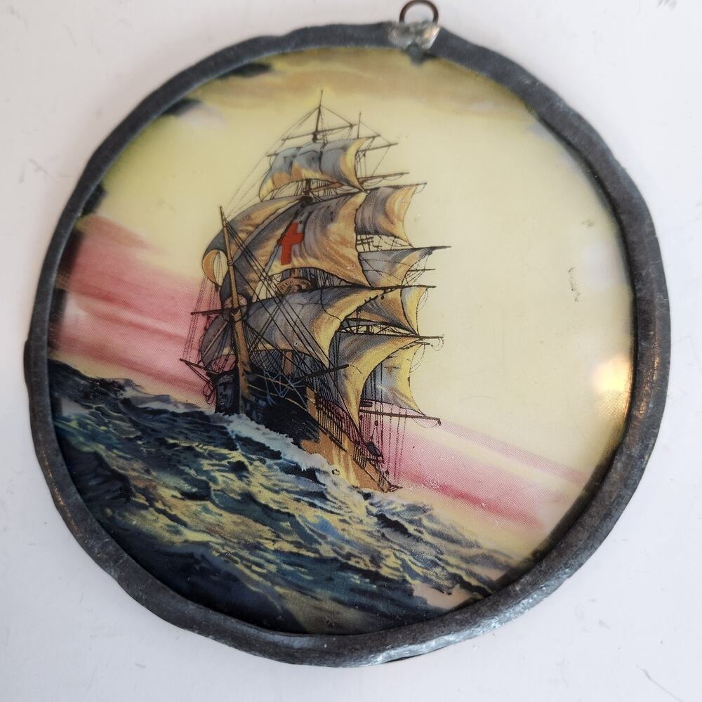 Antique 1910 Reverse-Paint Glass Galleon Ship Scene Edwardian Wall Decor Plaque